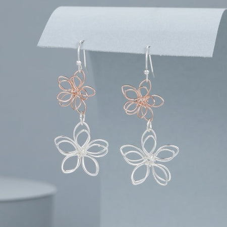 Mia Tui Jewellery 3D Wire Flower Earrings - Rose Gold and Silver