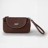 Isobel - Outlet brown cross-body purse with wrist strap, RFID protection, credit card slots, and zippered section for change.