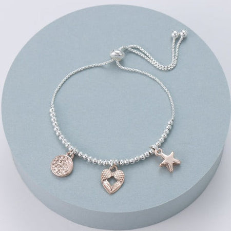Mia Tui Jewellery Beaded Cut Out Heart Charm Bracelet - Silver/Rose Gold