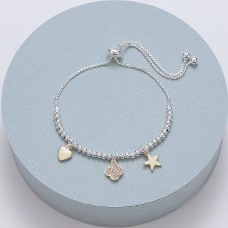 Mia Tui Jewellery Beaded Diamante Clover Charm Bracelet - Silver/Gold