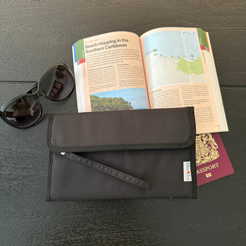 Travel Document Wallet - RFID - Outlet on a table with sunglasses and a travel guide.