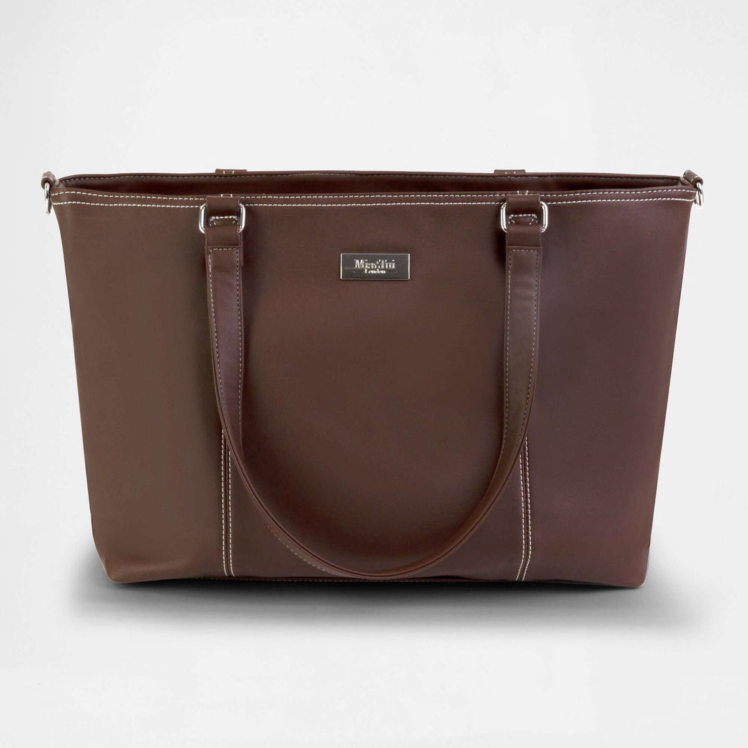 The Jet - Travel Tote Bag - Outlet - Stylish brown tote bag with spacious design and sturdy handles.